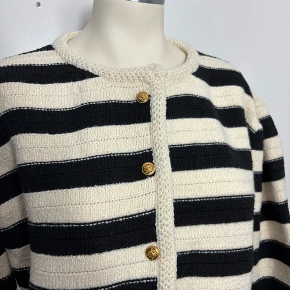 Striped Black and cream gold button up Cardigan - Picture 2 of 5